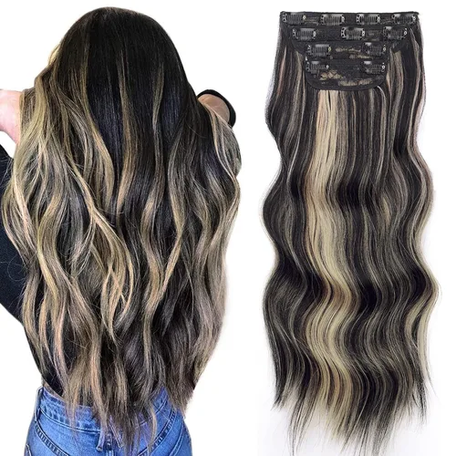 Miniatura 16 de Extensiones de cabello con clip de Vigorous de 20 pulgadas, con reflejos rubio playa, extensiones de cabello ondulado largo y suave de cabello