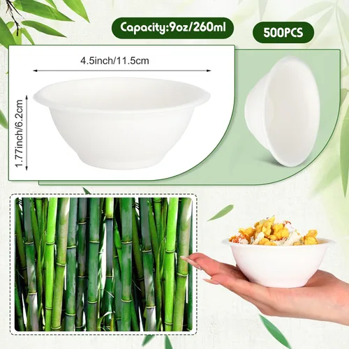 Miniatura 2 de Dandat Paquete de 500 cuencos de papel desechables de 9 onzas, cuencos de fibra de bagazo natural para salsa, ensalada, postre, sopa fría y caliente