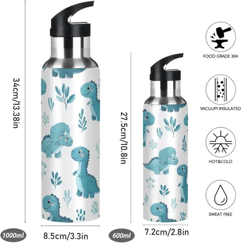 Miniatura 2 de Cute Dinosaur Blue Insulated Stainless Steel Water Bottle with Straw 20 Oz Leakproof Water Bottles, BPA-Free Sports Water Bottle with Straw