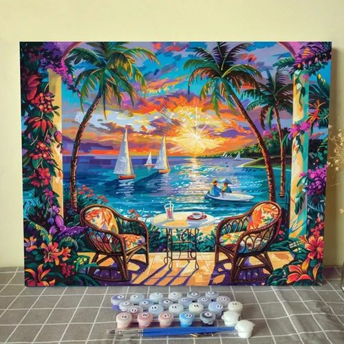 Miniatura 11 de Kit de pintura al óleo para ventana de playa, paisaje, por números, 16 x 20 pulgadas, lienzo, flores, paisaje, bricolaje, pintura al óleo para Pbn
