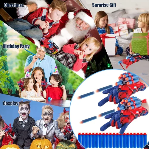 Miniatura 7 de Juego de 2 tiradores de telaraña para niños, premios de aula, guantes de lanzador de cosplay con muñequera, juego de tirador de telarañas de héroe