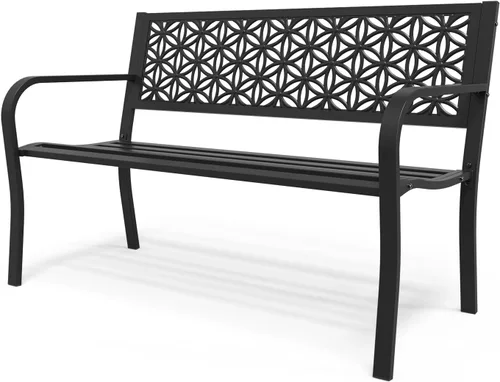 VINGLI Banco de metal para exteriores de 50 pulgadas con respaldo floral, banco de jardín delantero para patio, entrada, parque exterior, capacidad