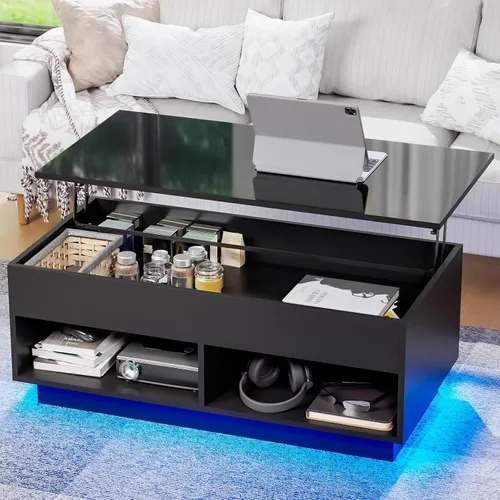 Miniatura 18 de HOMMPA - Mesa de café con tapa elevable de 40" con almacenamiento, mesa de centro LED moderna de alto brillo para sala de estar, mesa de té moderna