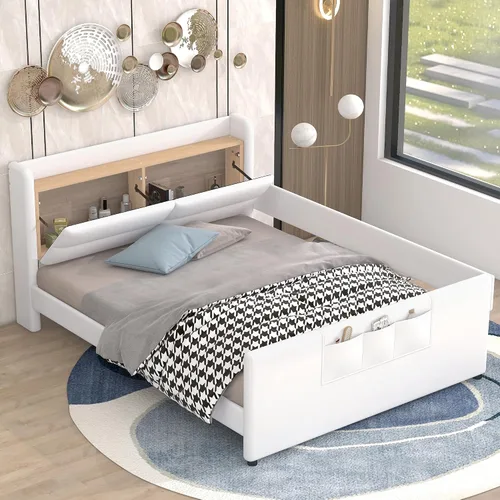 Miniatura 25 de Cama de plataforma tapizada de tamaño individual con barandilla, cabecera de almacenamiento y estribo, para niños, adolescentes y adultos, uso
