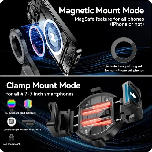 Miniatura 2 de Magsafe - Trípode para iPhone/Android, ultra portátil, con control remoto recargable y anillo de metal, trípode desmontable extensible para teléfono