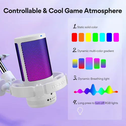 Miniatura 3 de Micrófono USB para juegos MAONO con cancelación de ruido, micrófono para computadora PC con brazo articulado, luz RGB, silencio, ganancia, micrófono