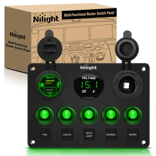 Miniatura 9 de Nilight 90101E - Cargador USB dual de 5 bandas multifunción basculante + volímetro digital + salida de 12 V, panel de interruptores precableado