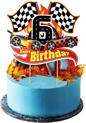 Miniatura 10 de Maitys Decoración para pastel de 2º cumpleaños con temática de auto de carreras, suministros de fiesta de cumpleaños, bandera a cuadros, decoración