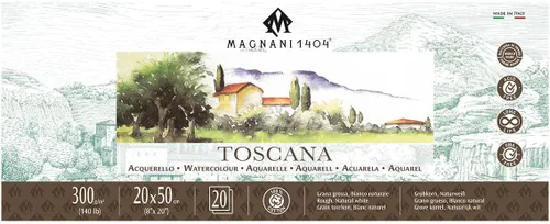 Magnani 1404 Toscana Rough - Bloc de papel de acuarela 100% algodón, 20 hojas, 8 x 20, 140 libras, sin ácidos, resistente a los rayos UV, bordes