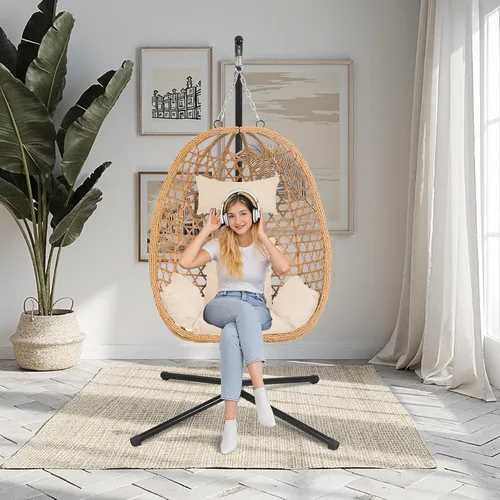 Miniatura 9 de Silla colgante de huevo con soporte y cojines, silla oscilante de ratán para todo tipo de clima para patio, balcón, jardín
