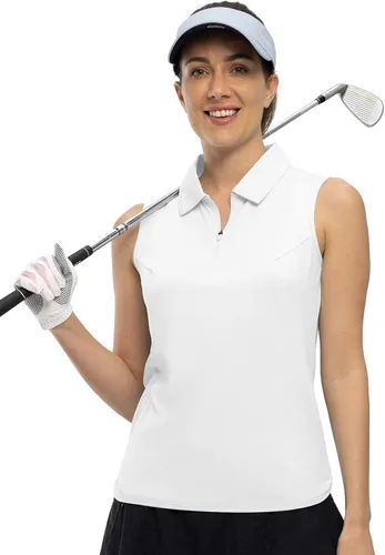 Miniatura 3 de YSENTO Camiseta polo de golf sin mangas con cuello y cremallera para mujer, de secado rápido, absorbe la humedad