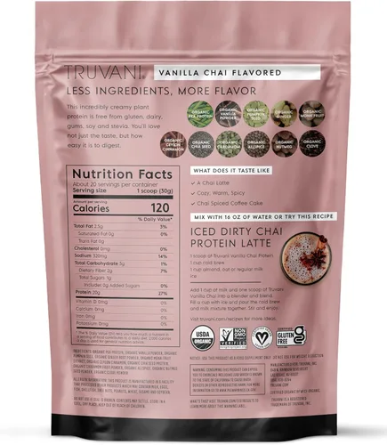 Miniatura 10 de Truvani Proteína en Polvo Vegana de Guisante Vainilla Chai 20g de Proteína Orgánica a Base de Plantas 20 Porciones Keto Sin Gluten