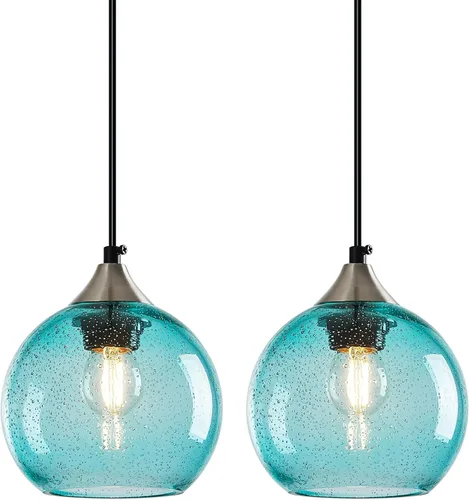 Miniatura 29 de Luces colgantes de cristal verde claro, iluminación de isla de cocina, luminarias de luz colgante de globo, iluminación colgante moderna