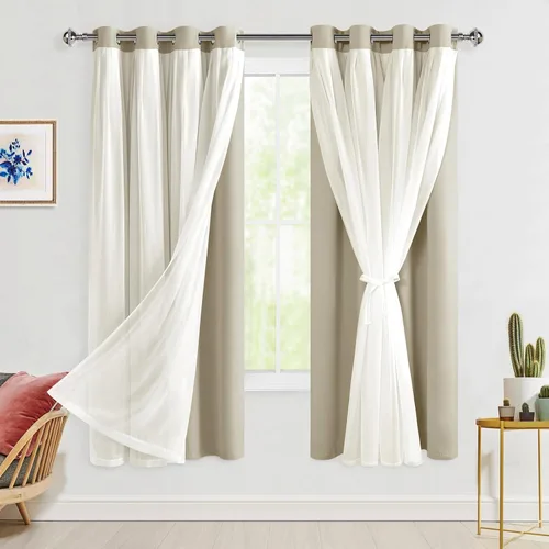 Miniatura 90 de Hiasan Cortinas opacas con superposición transparente, aislamiento térmico para mezclar y combinar de doble capa, cortinas de oscurecimiento de Beige