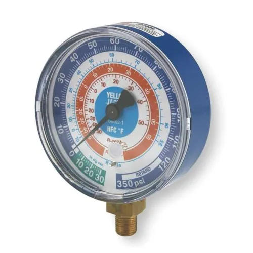 Yellow Jacket 49138. Medidor de 3-1/8 pulgadas, compuesto azul, 30 pulgadas 0-350 psi, R-22/404 A/410A grados F