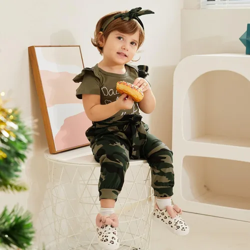 Miniatura 3 de AMAWMW Conjunto de ropa para bebé niña, mameluco con volantes para niña pequeña, pantalones de camuflaje, traje para bebé recién nacido