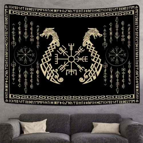 Miniatura 3 de Tapiz de los vikingos nórdicos, franela suave grande de 60 x 51 pulgadas, símbolo Vegvsir gemelos dragones, runa celta escandinava, tapiz