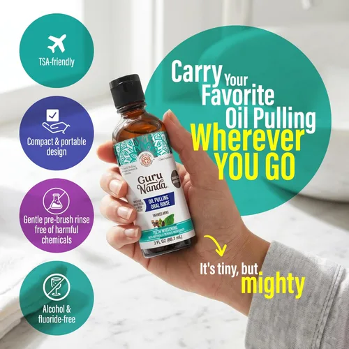 Miniatura 3 de GuruNanda Enjuague bucal con extracción de aceite CocoMint tamaño de viaje, 7 aceites esenciales y vitaminas, promueve el aliento fresco y encías