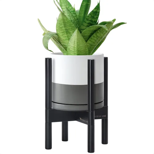 Miniatura 95 de D'vine Dev Maceta de cerámica con soporte de ébano – Maceta redonda moderna de 8 pulgadas con soporte para maceta de madera, color negro, 55-B-M-2