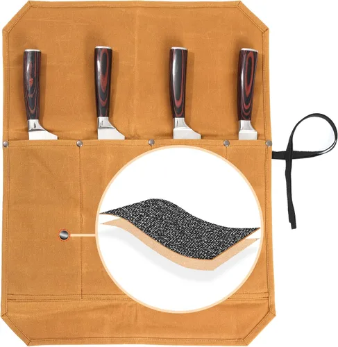 Miniatura 10 de Bolsa para cuchillos de chef, rollo para cuchillos con 4 ranuras, forro de tela especializado resistente a cortes, lona encerada resistente de 16