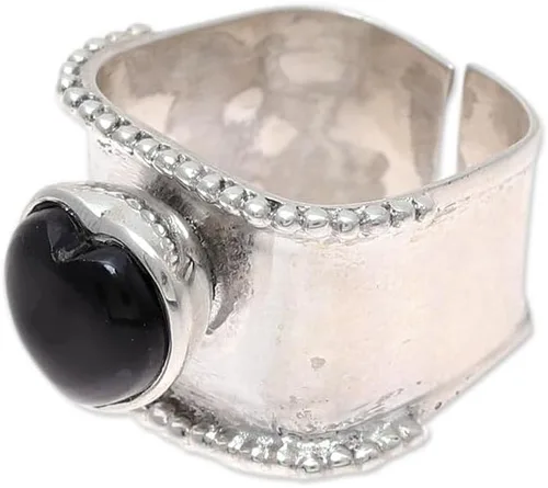 Miniatura 3 de NOVICA Onyx Anillo en forma de corazón de plata de ley 925, Romance Beckons