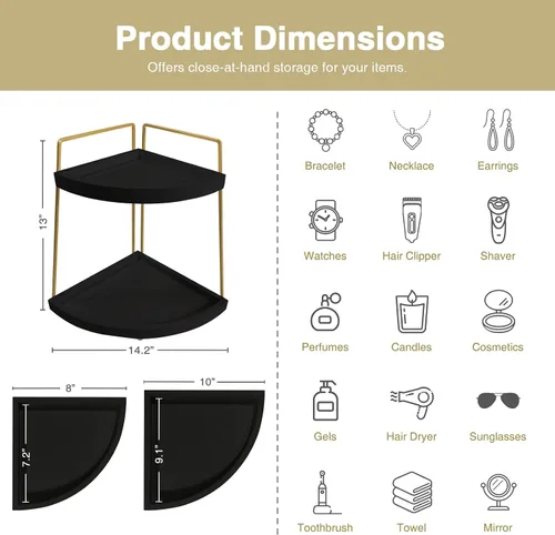 Miniatura 7 de Forbena Organizador de Rincón para Encimera de Baño en Negro y Oro, Organizador Moderno de Encimera de Cocina para Lavabo, Bandeja de Almacenamiento