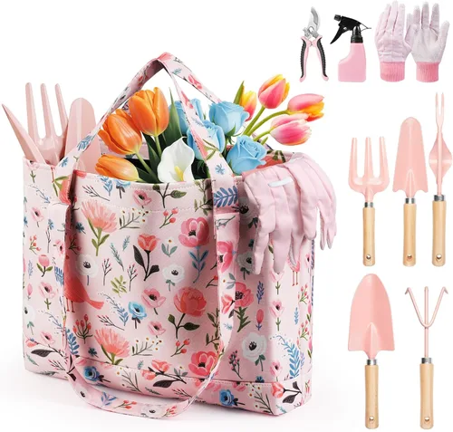 Miniatura 8 de Grenebo Herramientas de Jardinería, Juego de Regalo de Jardinería de 10 Piezas para Mujeres, Herramientas Antióxido y Resistente con Bolsa Rosa