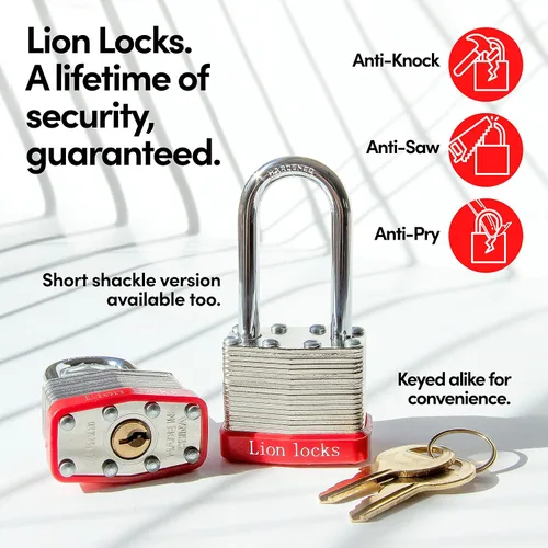 Miniatura 6 de Lion Locks 4 Candados de Llave Igual con Grillete Largo de 2", 8 Llaves, Candado de Acero Endurecido, Cilindro de Pines de Latón Resistente a