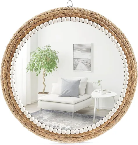 Espejo decorativo de estilo bohemio de 22 pulgadas, espejo redondo de ratán para colgar en la pared, espejo redondo tejido de ratán natural,