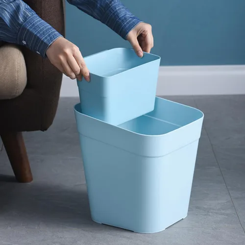 Miniatura 4 de Zerodeko Cubo de basura de cocina de doble compartimento, 2 compartimentos, cesta de basura de plástico para oficina en casa, color azul