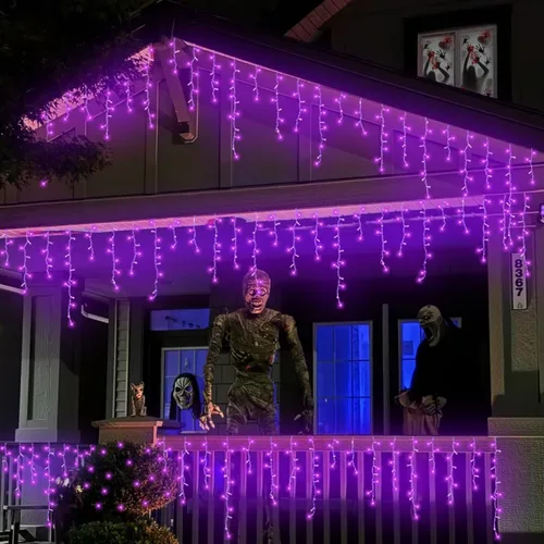 Miniatura 8 de QITONG - Tira de luces de carámbanos rojas y blancas para exteriores, 33 pies con 400 LED, 8 modos, alambre transparente, luces de Navidad
