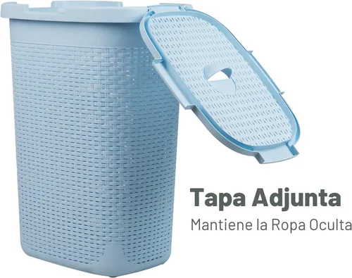 Miniatura 5 de Mind Reader Cesta de lavandería delgada con tapa, cesta de ropa de 60 L, diseño de mimbre premium, plástico, azul bebé