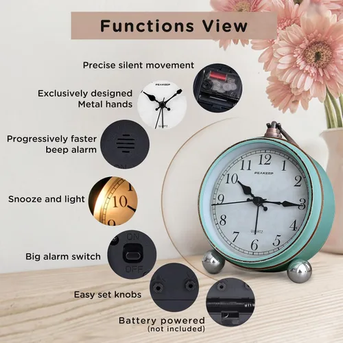 Miniatura 4 de Peakeep 4" Pequeño Reloj Despertado Retro Analógico a Batería para Decoración de Habitación, Reloj de Noche Silencioso Elegante para Escritorio
