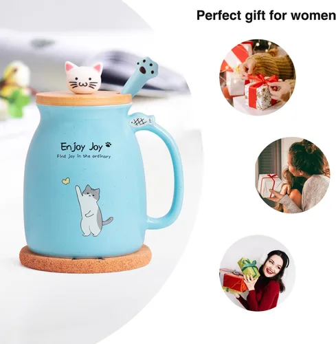 Miniatura 7 de Taza Linda de Gato de Cerámica para Café con Tapa de Madera de Gato Kawaii, Encantadora Cuchara de Acero Inoxidable, Posavasos de Madera Gruesa