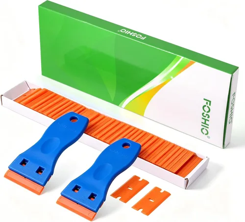 FOSHIO - Juego de raspador con cuchillas plásticas para remover juntas, etiquetas, calcomanías de vidrios y ventanas, incluye 2 raspadores plásticos