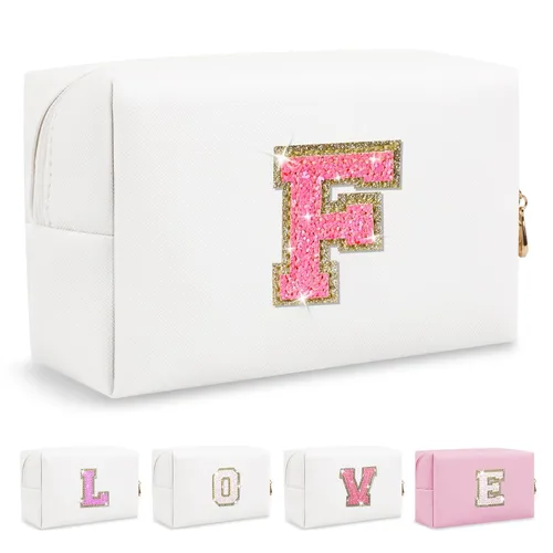 Miniatura 426 de Pequeña bolsa de maquillaje personalizada con inicial A-Z Preppy Patch, bolsa de cosméticos de viaje de felpilla blanca con cremallera, bonita bolsa