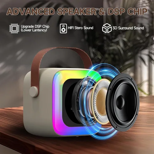 Miniatura 4 de Mini máquina de karaoke para niños, adolescentes y adultos, máquina de karaoke para niños con 2 micrófonos inalámbricos y luces LED, juguetes