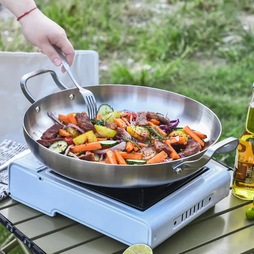 Miniatura 5 de Inqibee Paella de acero inoxidable de tres capas de 14 pulgadas, sartén grande, sartén grande, sartén grande, cocina jumbo, utensilios de cocina