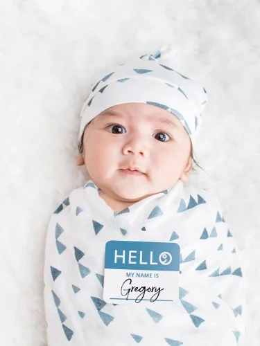 Lulujo Baby Hello World - Juego de gorro y manta para recién nacido, triángulo azul azul ((Triangle Blue)