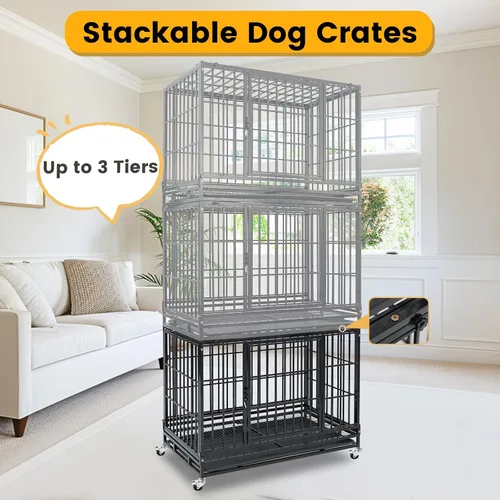 Miniatura 3 de Jaula apilable para perros de 36 pulgadas con ruedas con bloqueo, acceso superior, resistente e indestructible a prueba de escapes, jaula