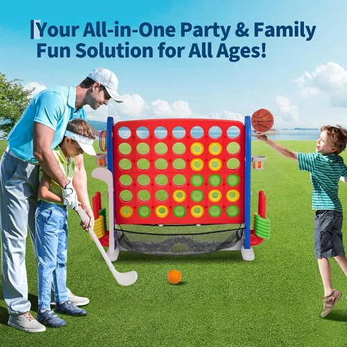 Miniatura 10 de Juego gigante 4 en 1 Connect Juego Jumbo 4 para anotar con baloncesto, golf y lanzamiento de anillo, juego de patio al aire libre de altura