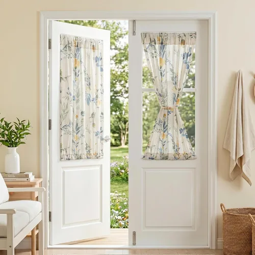 Miniatura 39 de MYSKY HOME Cortinas florales de cocina de 24 pulgadas, cortinas de lino con patrón de flores de granja, bolsillo para barra de filtro de luz aireado