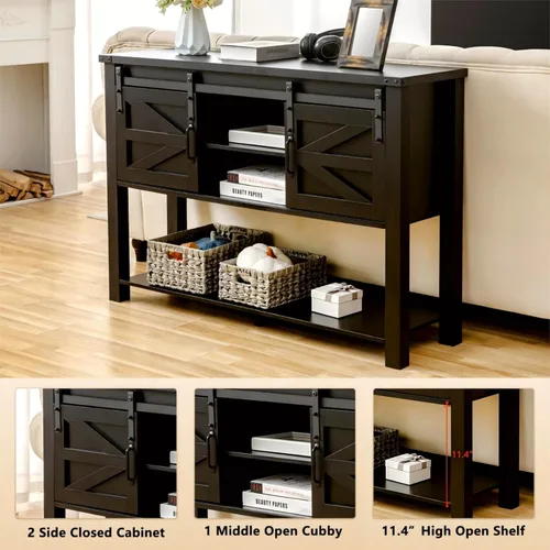 Miniatura 6 de GAZHOME Mesa de entrada con puertas correderas de granero, mesa consola de granja de 46 pulgadas con almacenamiento, mesa de sofá rústica con 2-Negro