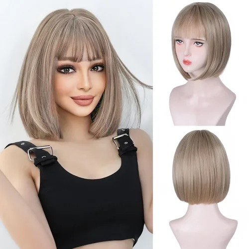 Aida ble - Peluca rubia oscura tipo bob con flequillo de 12'' para mujer, peluca corta y súper suave de aspecto natural, peluca sintética colorida