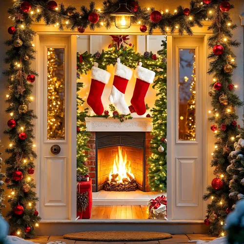 Miniatura 7 de Cartel de cubierta de puerta de chimenea de Navidad con medias y letrero – Fondo de soporte para cabina de fotos para vacaciones interior/exterior
