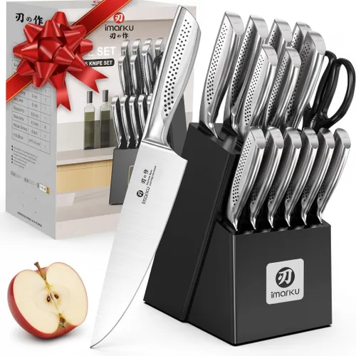 imarku - Juego de 15 piezas de cuchillos con bloque, cuchillos de cocina de acero inoxidable de alto carbono con afilador incorporado, apto para