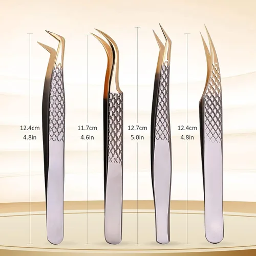 Miniatura 4 de Juego de 4 pinzas para extensión de pestañas, herramienta profesional aplicadora de pestañas, pinzas rectas y curvadas de acero inoxidable