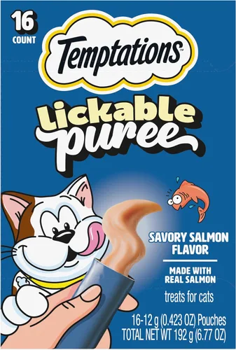 Temptations Creamy Puree - Golosinas húmedas exprimibles para lamer para gatos con salmón, tubos de 0.42 onzas, 16 unidades