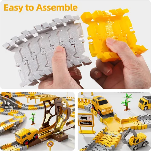 Miniatura 4 de iHaHa 299 piezas de pistas de carreras de construcción para niños, 6 piezas de autos de ingeniería y pista de carreras flexible crea un camino