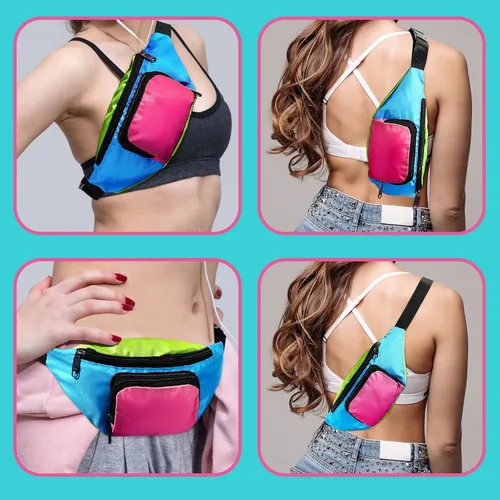 Miniatura 3 de Xuniea Riñonera retro de neón de los años 80, 2 bolsillos, bolsas para cinturón, disfraces de los años 90 para mujeres y hombres, riñoneras